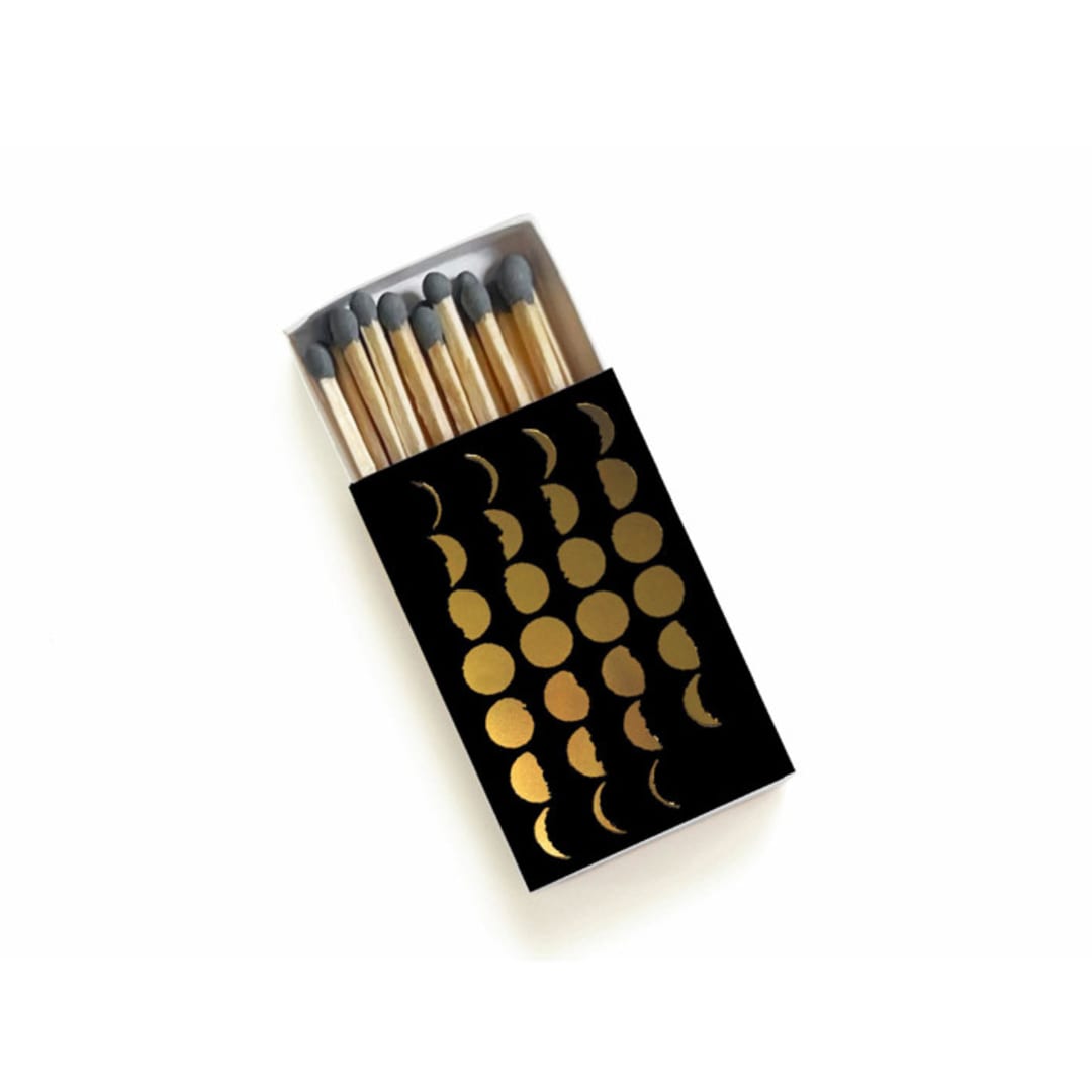 "Phases of the Moon Matchbox, Gold on Black" - Matchbooks and Matches in gold by Jessica Cunningham