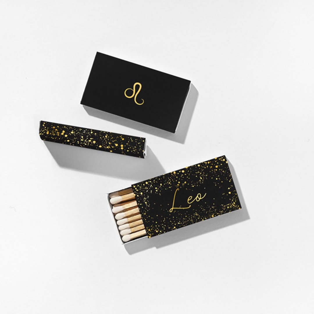 "Leo Matchboxes, Black and Gold, Pack of 4" - Matchbooks and Matches in natural by ForYourParty