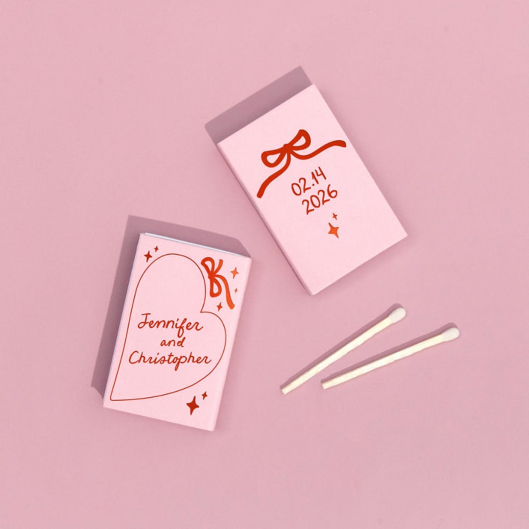 "Hand-drawn Heart & Bow Matchboxes, set of 100" - Matchbooks and Matches in pink by ForYourParty