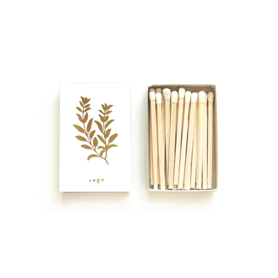 "Sage Matchbox, Gold on White" - Matchbooks and Matches in white by Jessica Cunningham