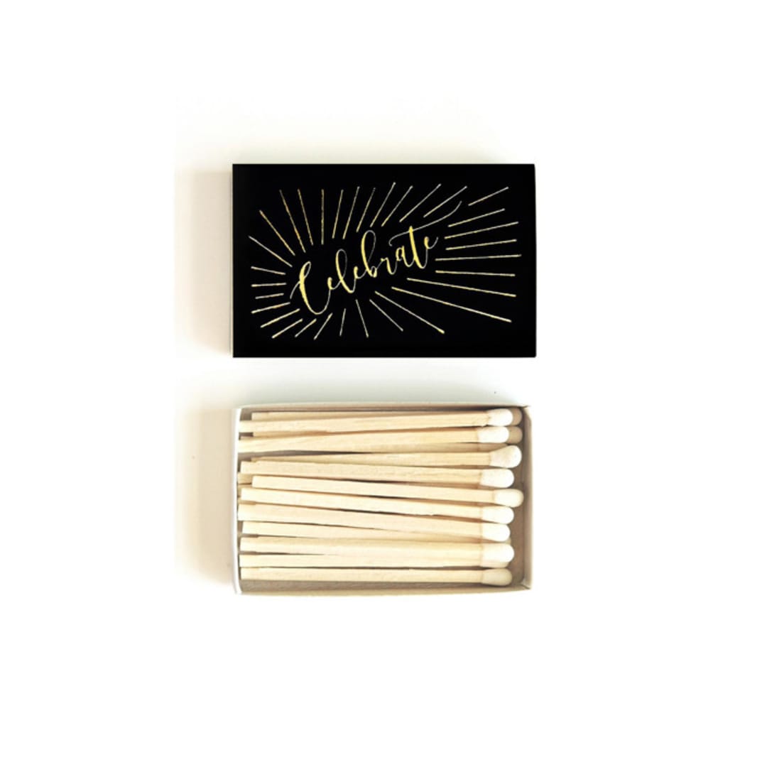 "Celebrate Matchbox, Gold on Black" - Matchbooks and Matches in black by Jessica Cunningham