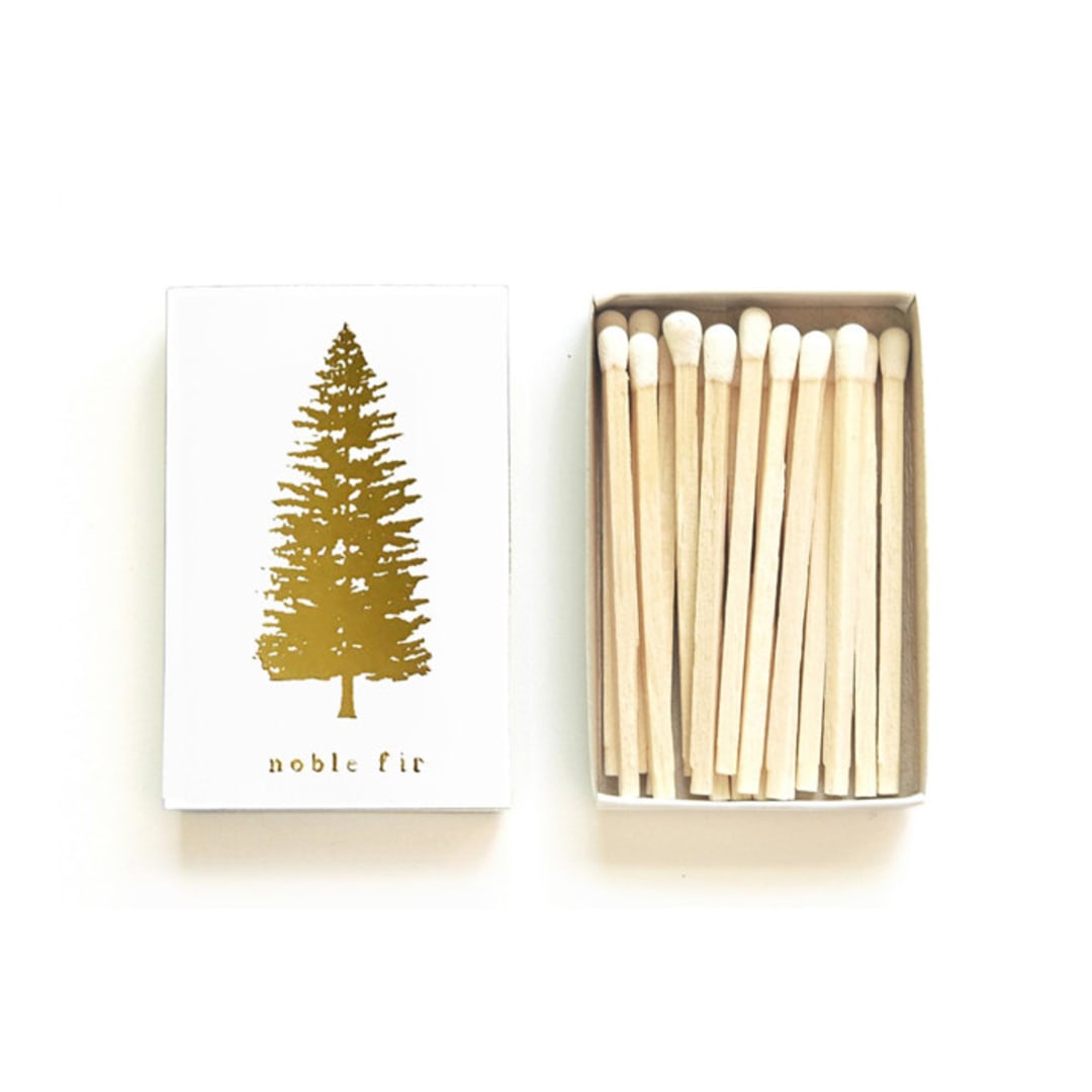 Noble Fir Tree Matchbox, Gold on White