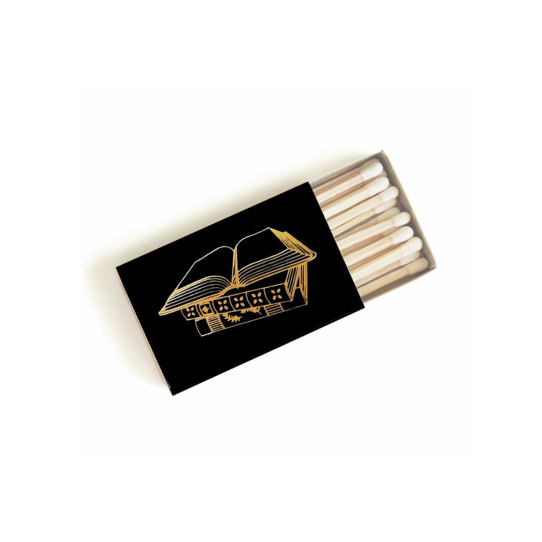 "Book Lover Matchbox, Gold on Black" - Matchbooks and Matches in black by Jessica Cunningham