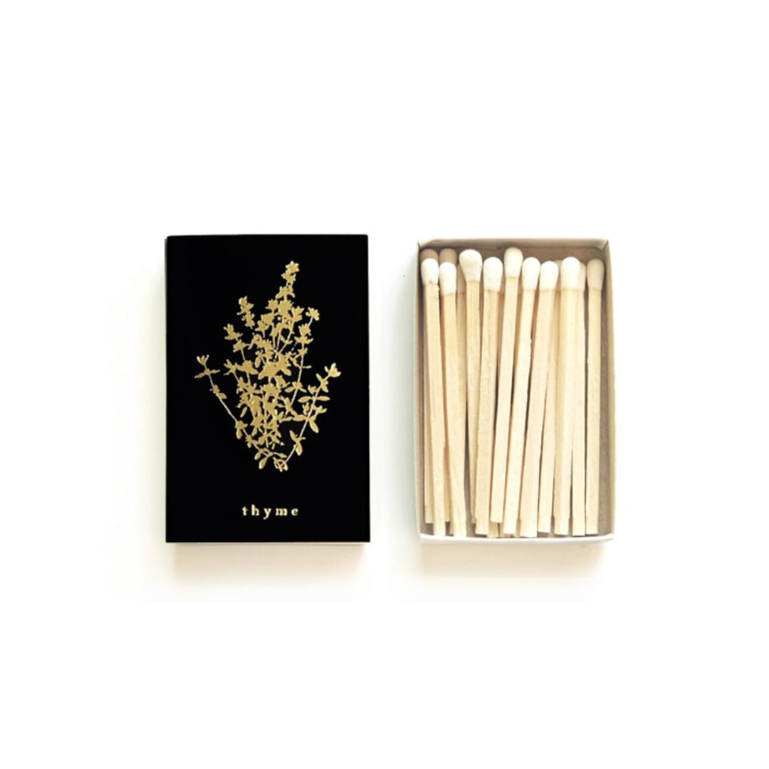 "Thyme Matchbox, Gold on Black" - Matchbooks and Matches in black by Jessica Cunningham