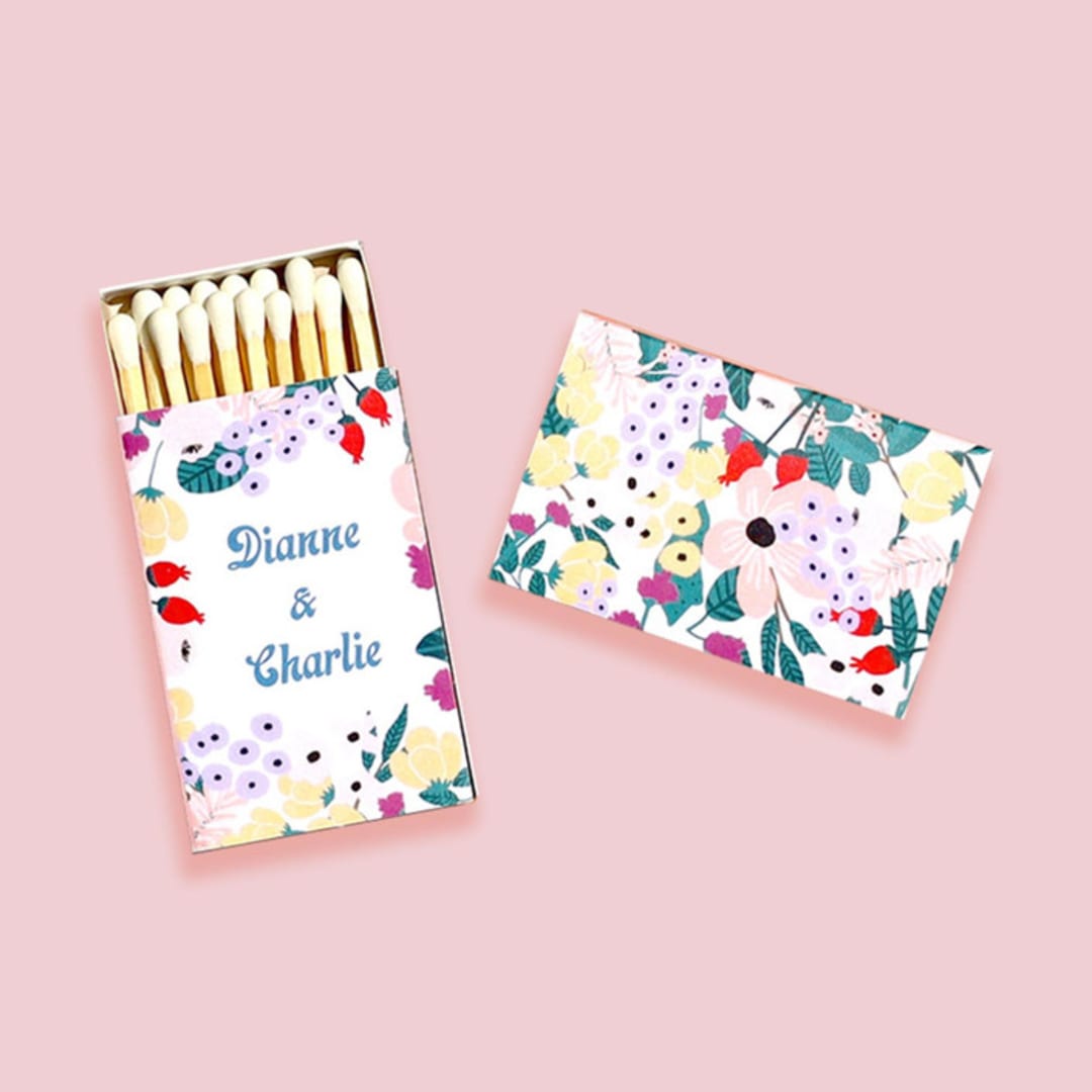 "Custom Cuppa Love Birds Hand Drawn Floral Matchboxes, set of 100" - Matchbooks and Matches in multicolor by ForYourParty