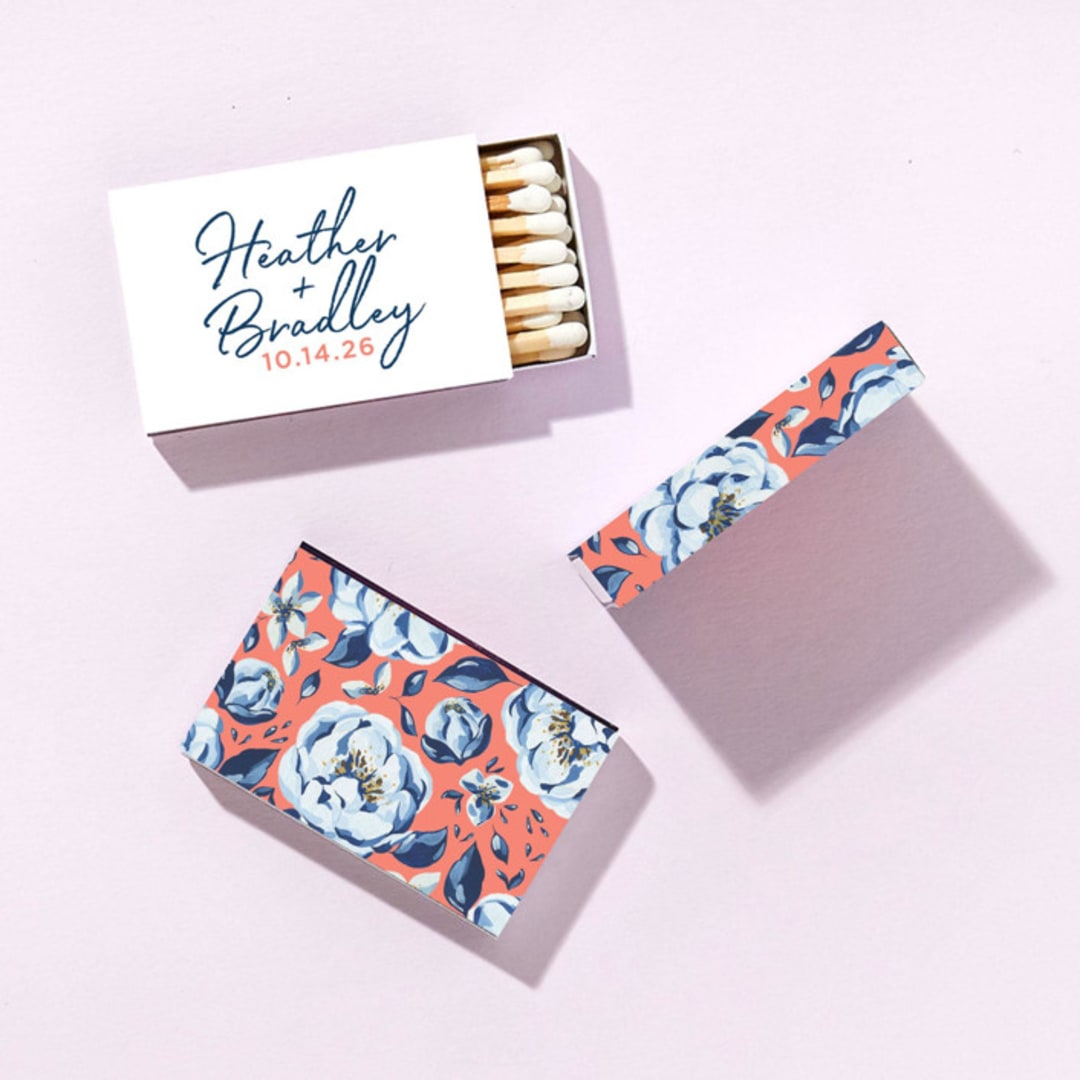 "Personalized Painted Floral Script Names Matchboxes, set of 100" - Matchbooks and Matches in multicolor by ForYourParty