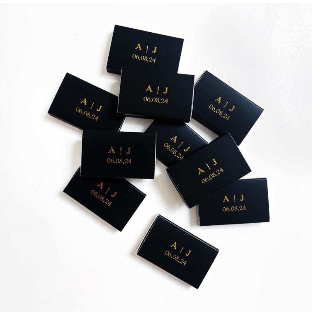 "Set of 25 Custom Text Wedding Matchboxes | Pretty Wedding Match Favors | Gold on Black" - Matchbooks and Matches in black by Jessica Cunningham