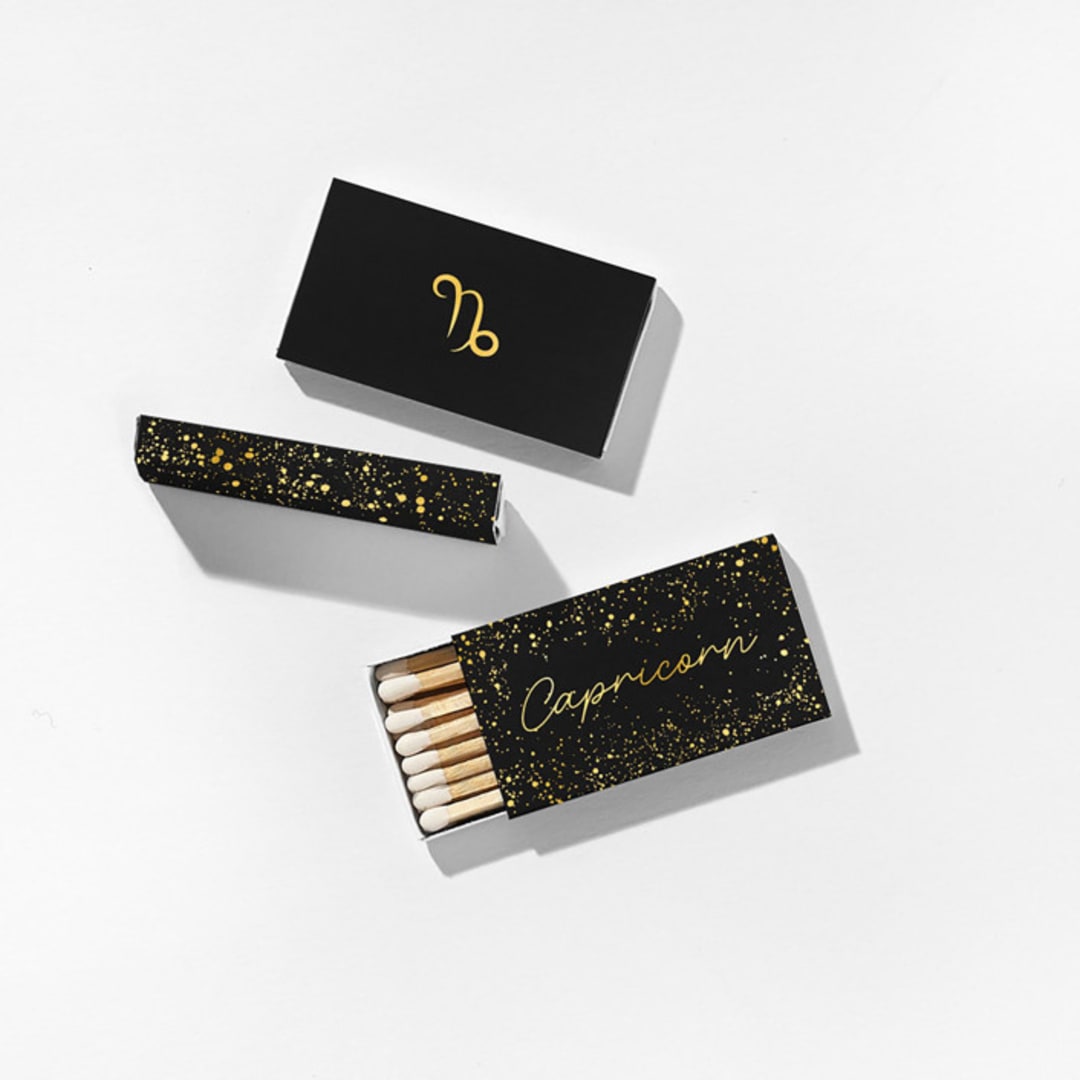 "Capricorn Matchboxes, Black and Gold, Pack of 4" - Matchbooks and Matches in orange by ForYourParty