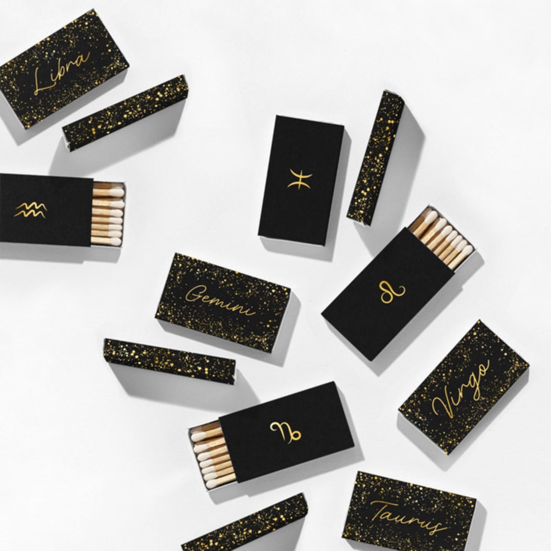 "Zodiac Matchboxes, Black and Gold, Pack of 12" - Matchbooks and Matches in beige by ForYourParty