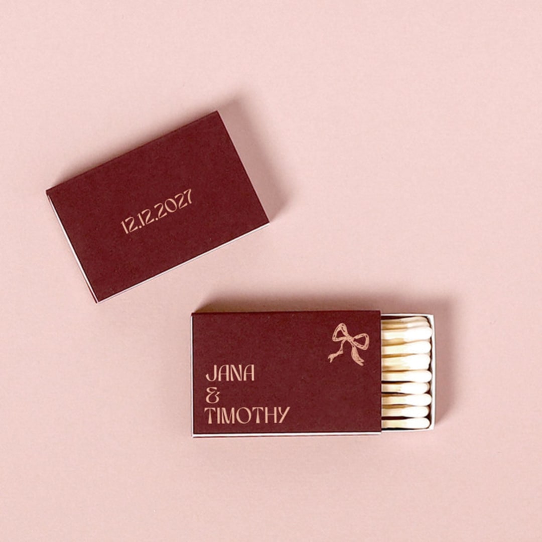 "Modern Names and Date Bow Matchbox, set of 100" - Matchbooks and Matches in red by ForYourParty