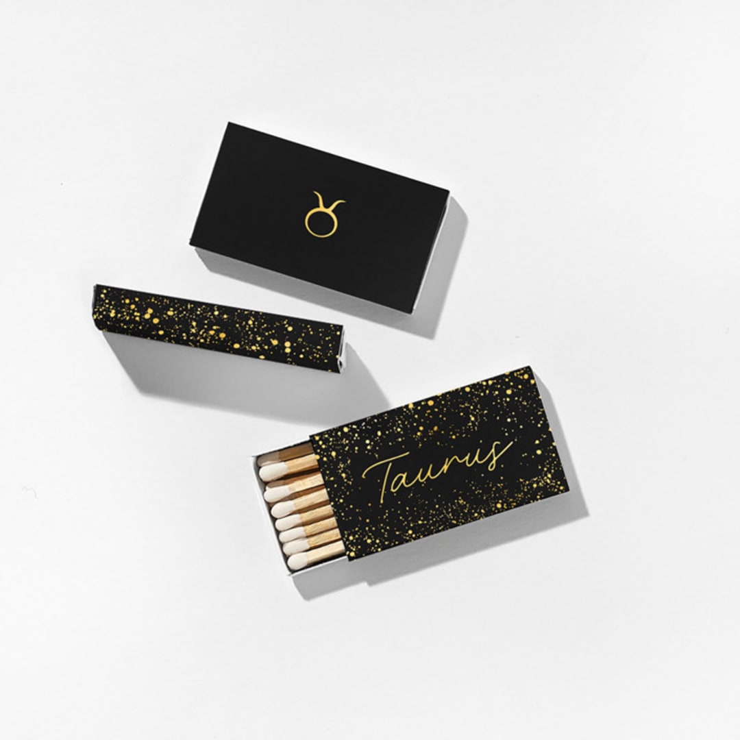 "Taurus Matchboxes, Black and Gold, Pack of 4" - Matchbooks and Matches in natural by ForYourParty