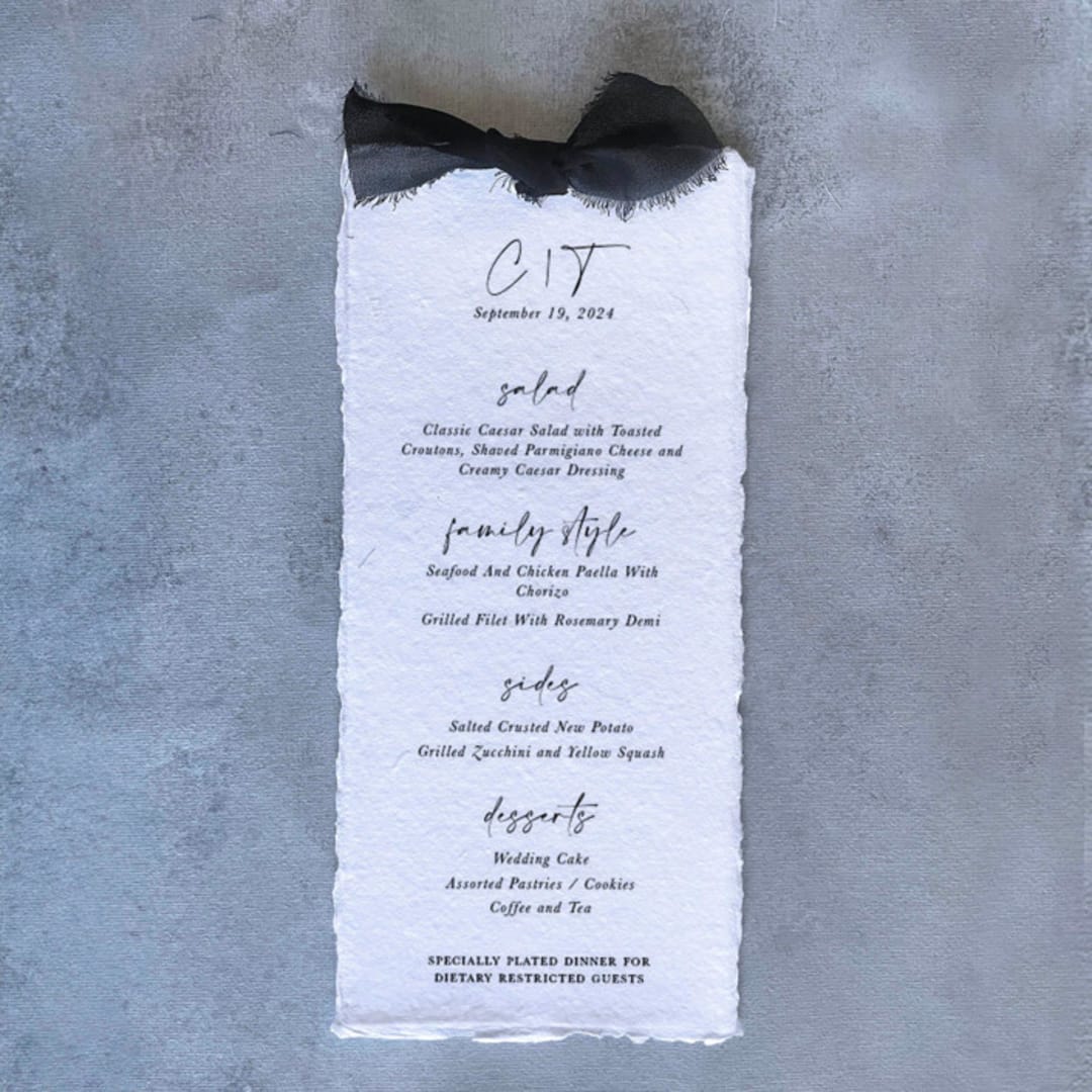 "Handmade Paper Menus With Navy Blue Bow | Set Of 10 | Custom Text" - Menus in blue by Cotton and Bow