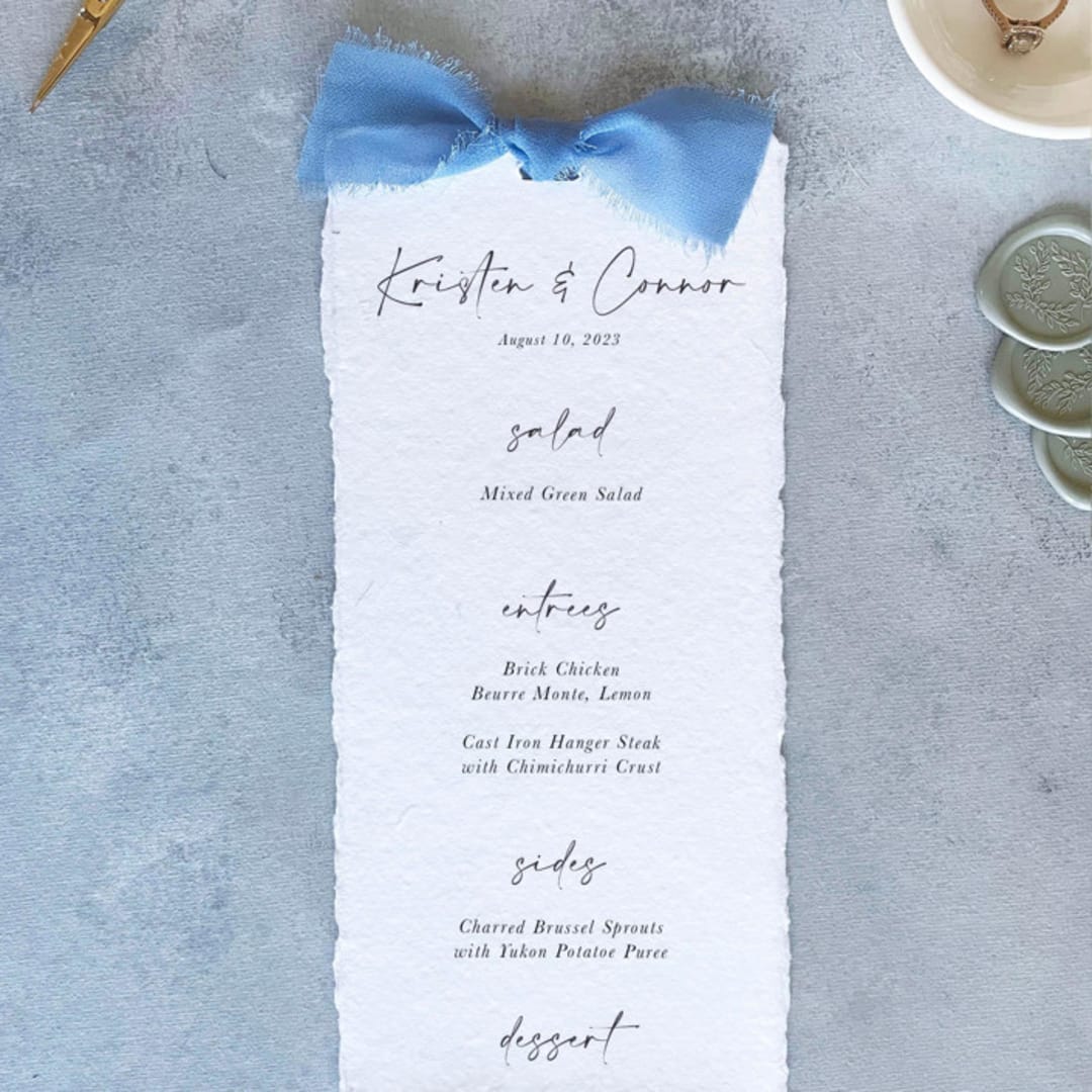 "Handmade Paper Menus With Dusty Blue Bow | Set Of 10 | Custom Text" - Menus in blue by Cotton and Bow