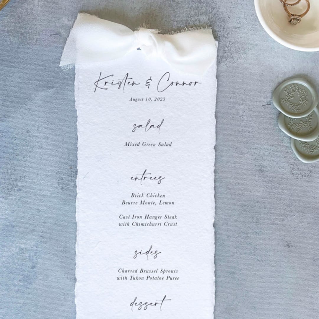 "Handmade Paper Menus With Ivory Bow | Set Of 10 | Custom Text" - Menus in white by Cotton and Bow
