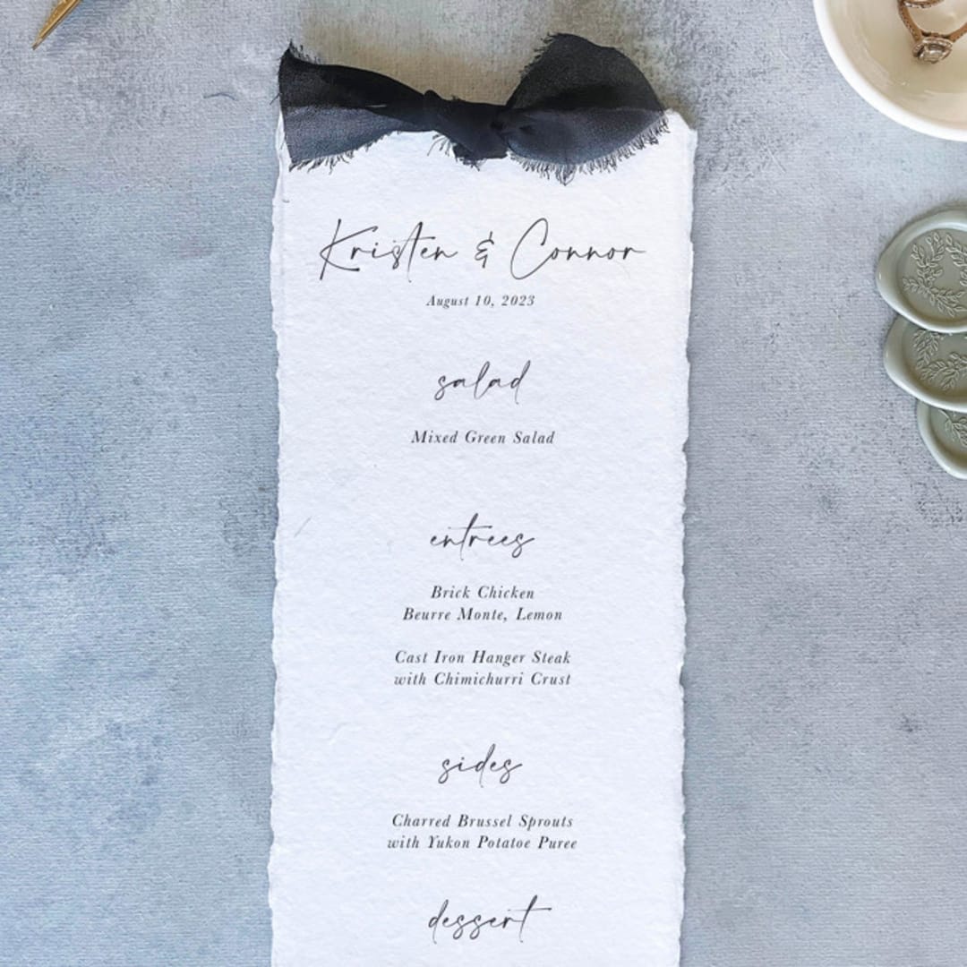 "Handmade Paper Menus With Black Bow | Set Of 10 | Custom Text" - Menus in black by Cotton and Bow