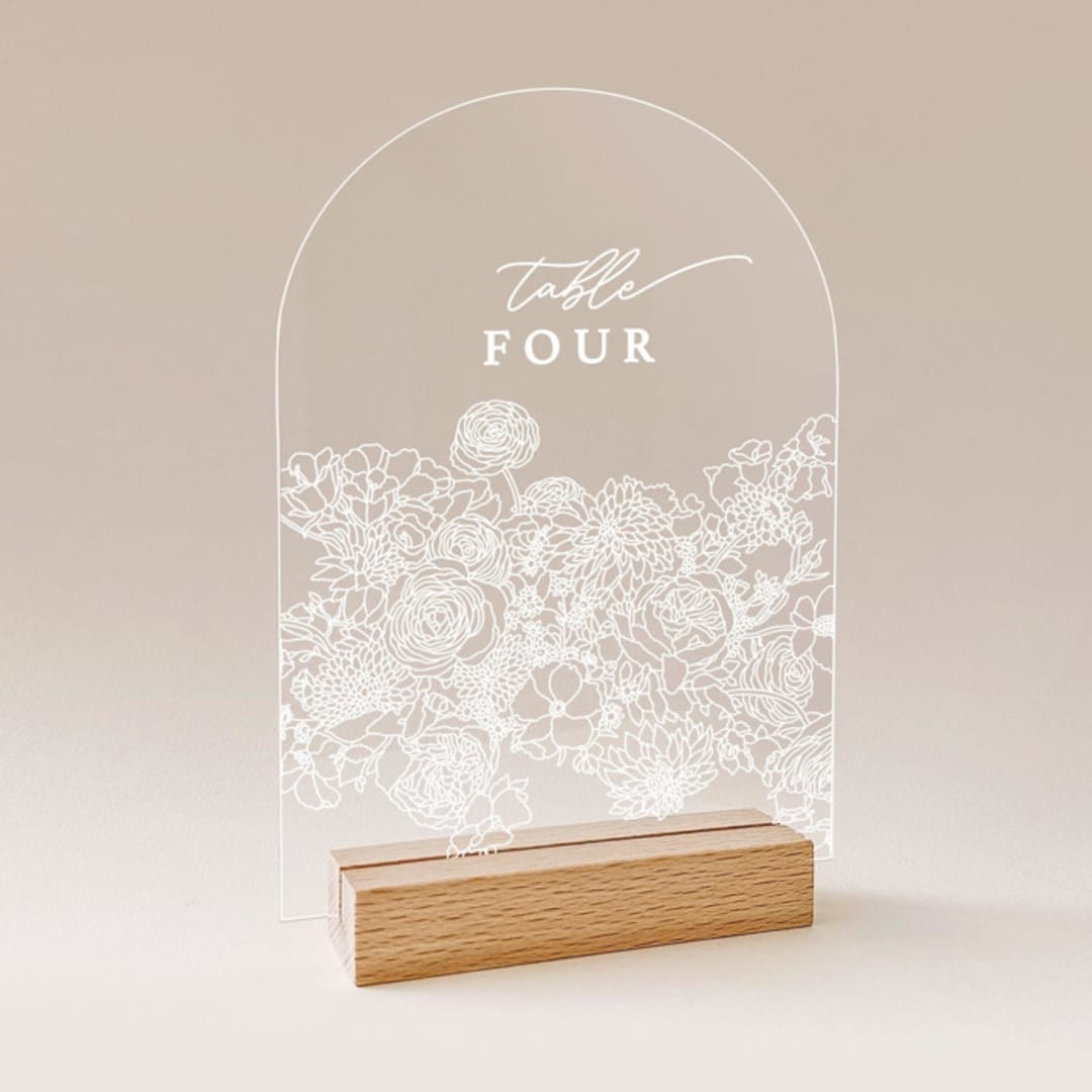 "Acrylic Ranunculus Floral Bouquet Wedding Table Number with Natural Wood Stand, Set of 1" - Table Numbers in white by Iveta Abolina