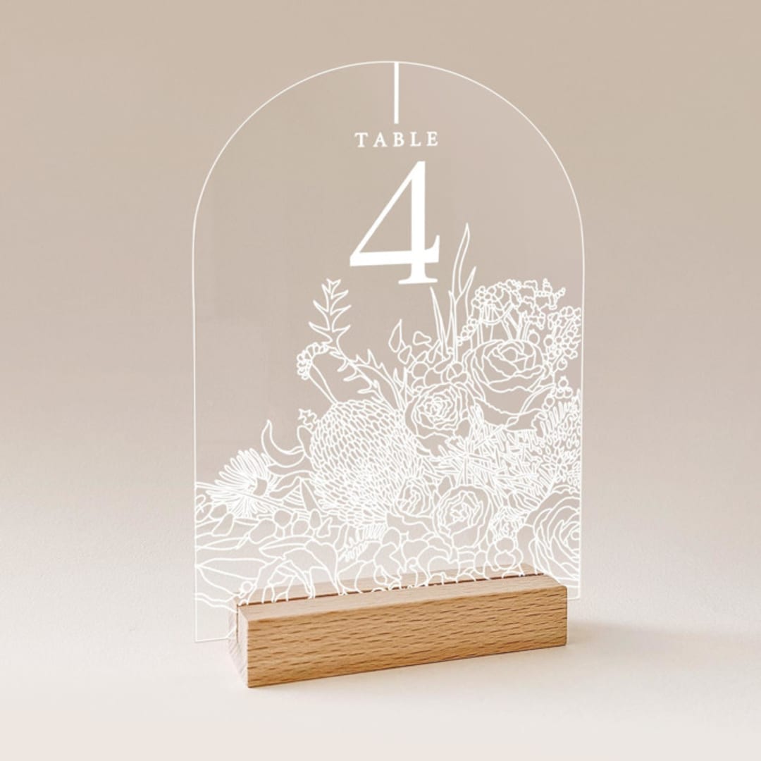 "Acrylic Line Drawing Floral Bouquet Wedding Table Number with Natural Wood Stand, Set of 1" - Table Numbers in white by Iveta Abolina