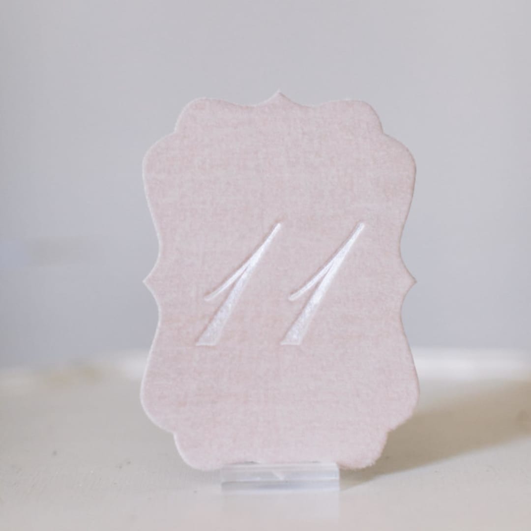 "Blush Script Scroll Table Number" - Table Numbers in pink by Velvet Raptor