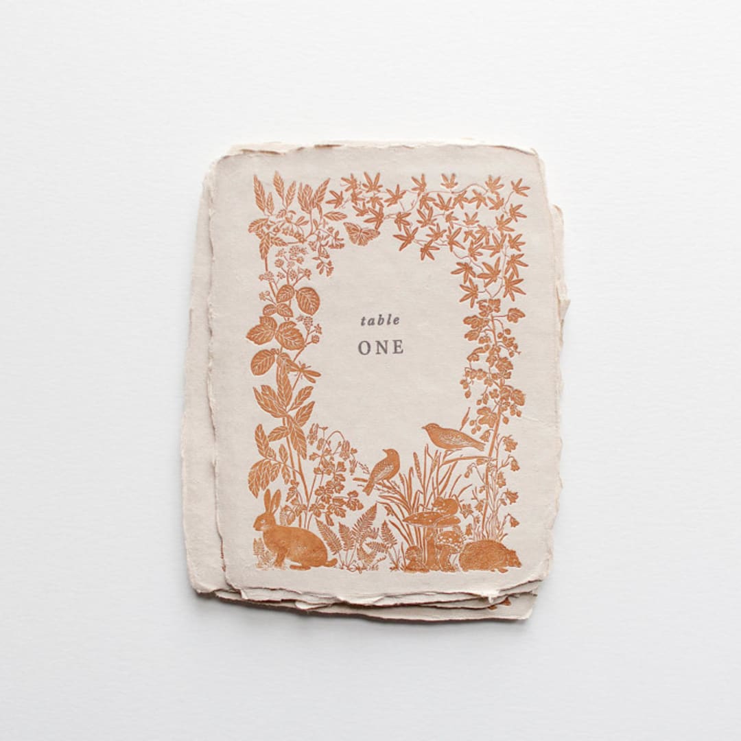 "Woodland Florals Letterpress Table Numbers" - Table Numbers in brown by Tara Grangroth