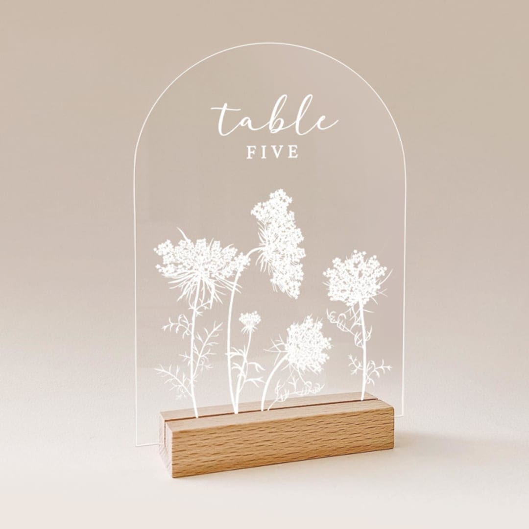 "Acrylic Queen Anne's Lace Wedding Table Number with Natural Wood Stand, Set of 1" - Table Numbers in white by Iveta Abolina