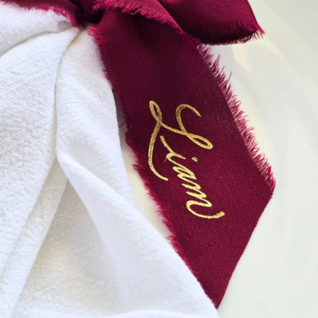 "Personalized Hand-Written and Hand-Foiled Fringed Wine Red Chiffon Ribbon- Set of 10" - Napkin Rings in red by Inkspiringletters