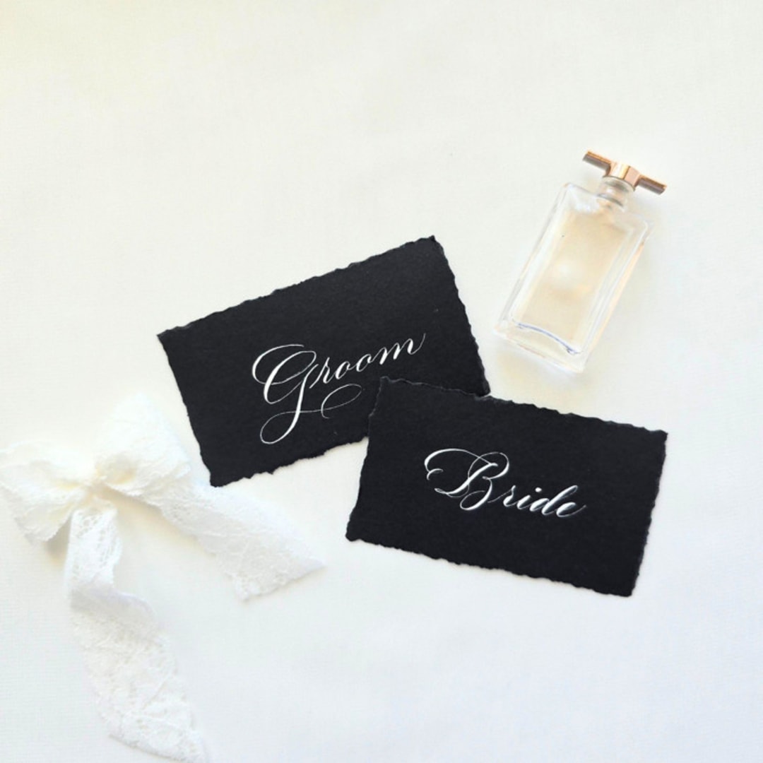 "Custom Calligraphy Place Cards- Black Hand-torn Paper- Set of 10" - Place and Escort Cards in black by Inkspiringletters