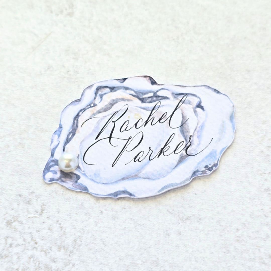 "Watercolor Oyster with White Pearl Place Card- Personalized with Calligraphy- Set of 10" - Place and Escort Cards in white by Inkspiringletters