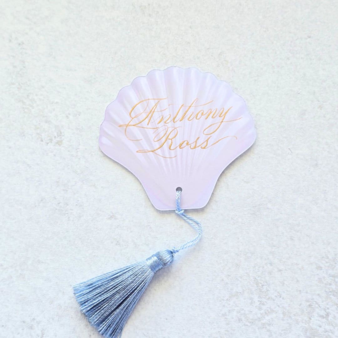 "White Watercolor Seashell Place Card with Blue Tassel- Personalized with Calligraphy- Set of 10" - Place and Escort Cards in white by Inkspiringletters