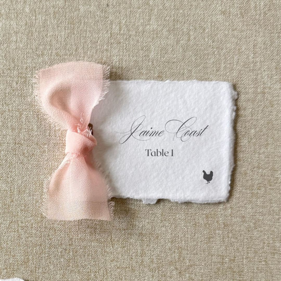 "Handmade Paper Place Cards with Blush Bow | Set of 10 | Custom Text" - Place and Escort Cards in pink by Cotton and Bow