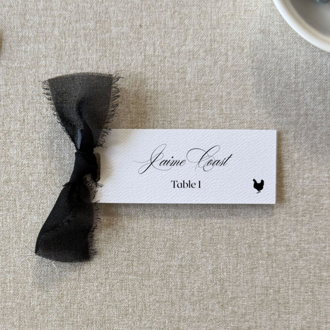"Slim Place Cards With Black Bow | Set Of 10 | Custom Text" - Place and Escort Cards in black by Cotton and Bow