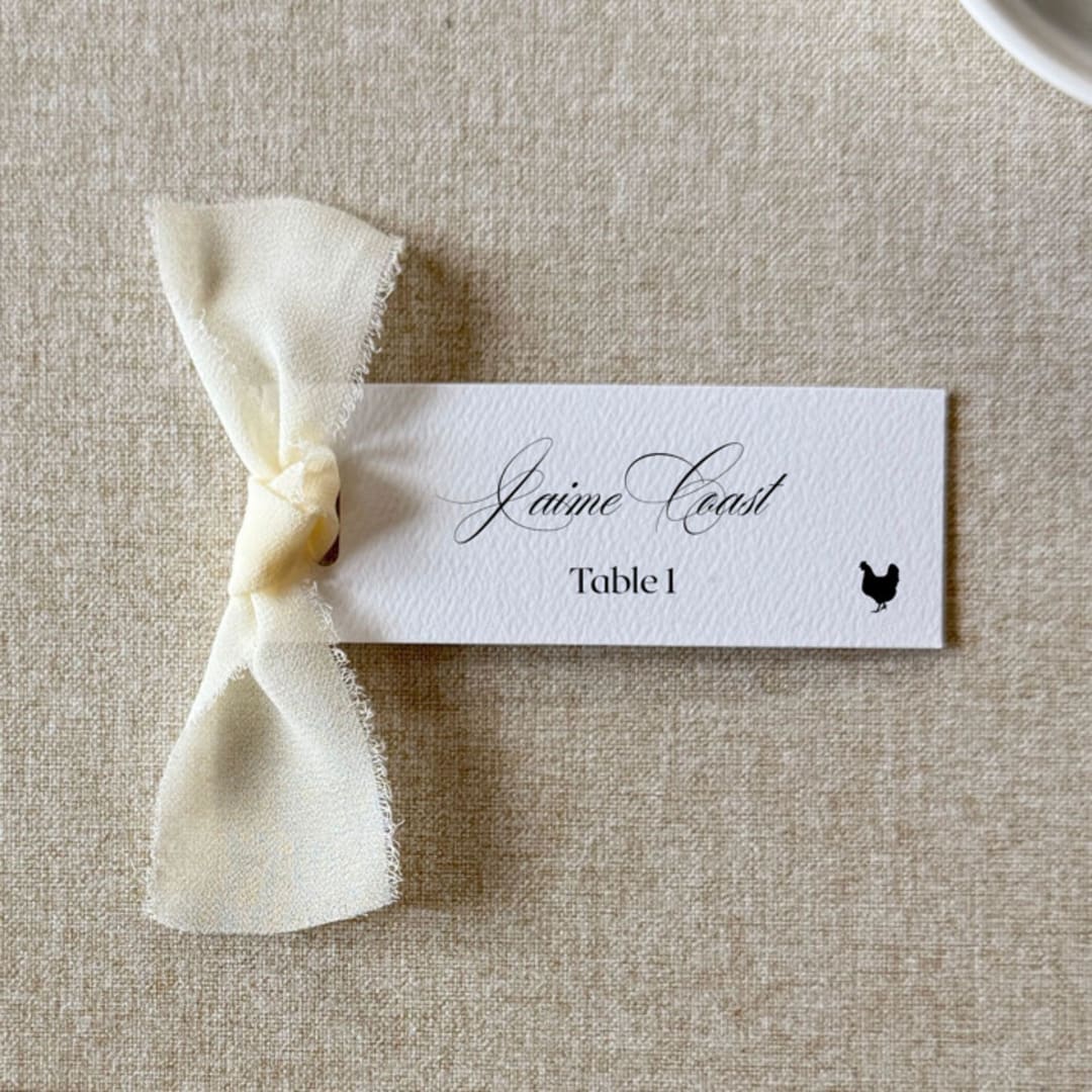 "Slim Place Cards With Ivory Bow | Set Of 10 | Custom Text" - Place and Escort Cards in white by Cotton and Bow