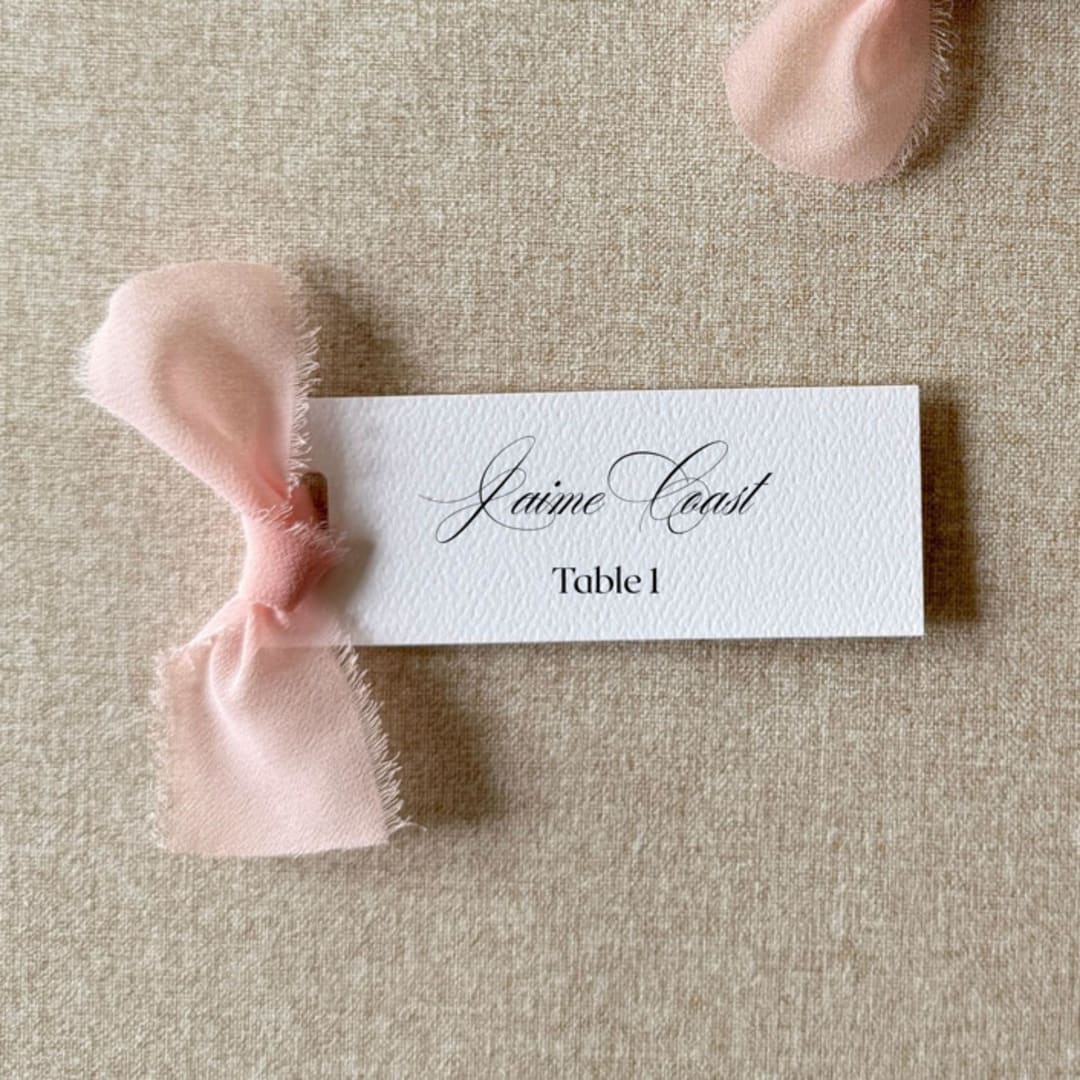 "Slim Place Cards With Blush Pink Bow | Set Of 10 | Custom Text" - Place and Escort Cards in pink by Cotton and Bow