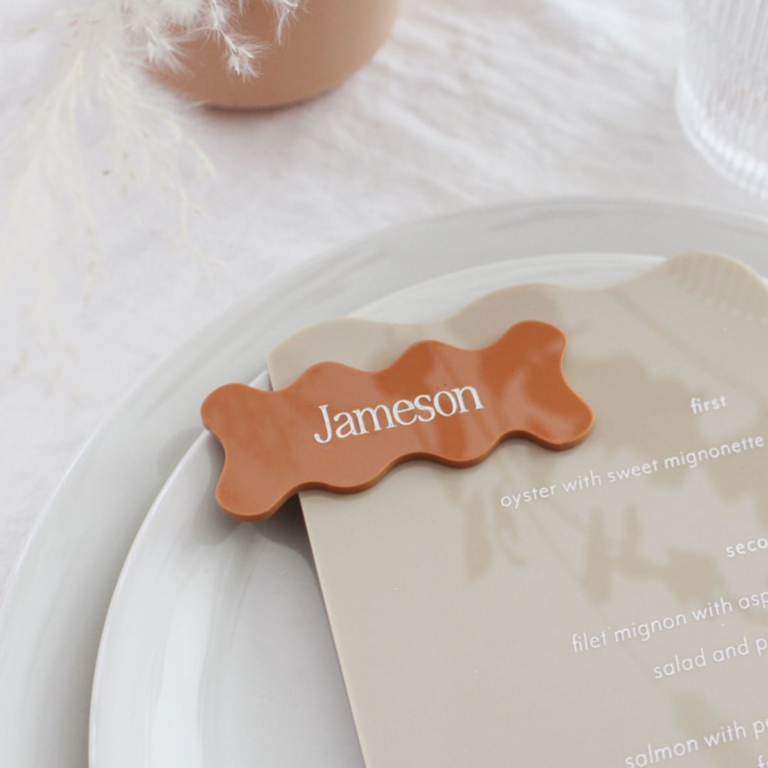 "Customizable Wavy Place Card" - Place and Escort Cards in gold by Aislinn Minardi