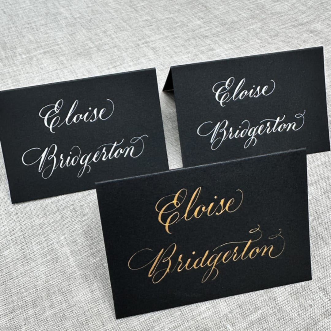 "Custom calligraphy place cards | Black tent place cards | Copperplate calligraphy" - Place and Escort Cards in multicolorassorted-colors by Maria Ferrer G.