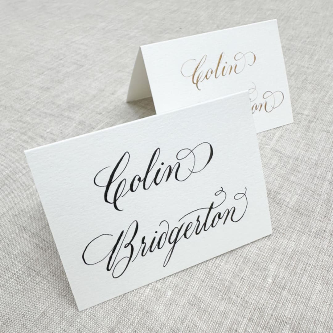 "Custom calligraphy place cards | White tent place cards | Copperplate calligraphy" - Place and Escort Cards in multicolorassorted-colors by Maria Ferrer G.