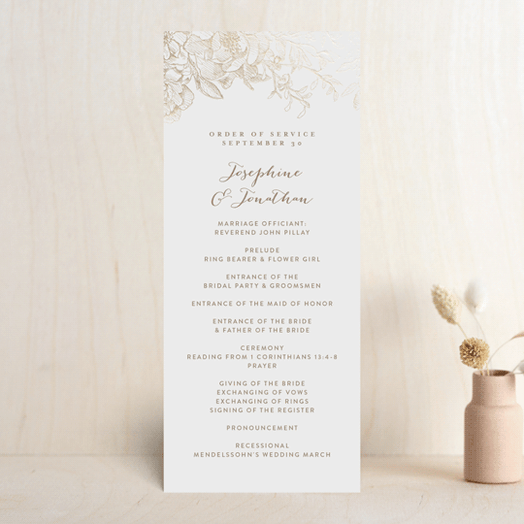 "Engraved Flowers" - Wedding Programs in Gold by Phrosné Barwood - Front