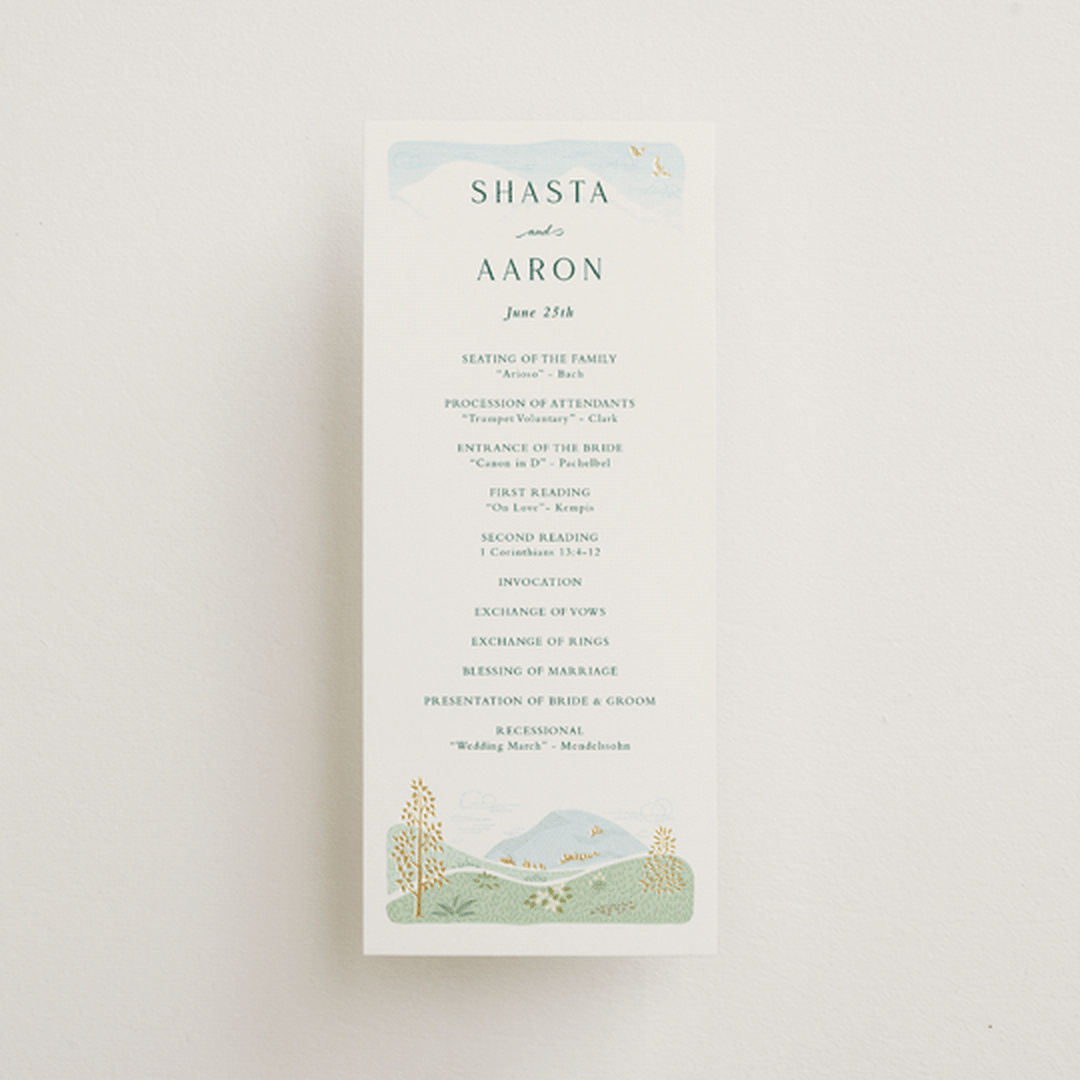 "Mountaintop" - Wedding Programs in Evergreen by Paper Sun Studio - Front