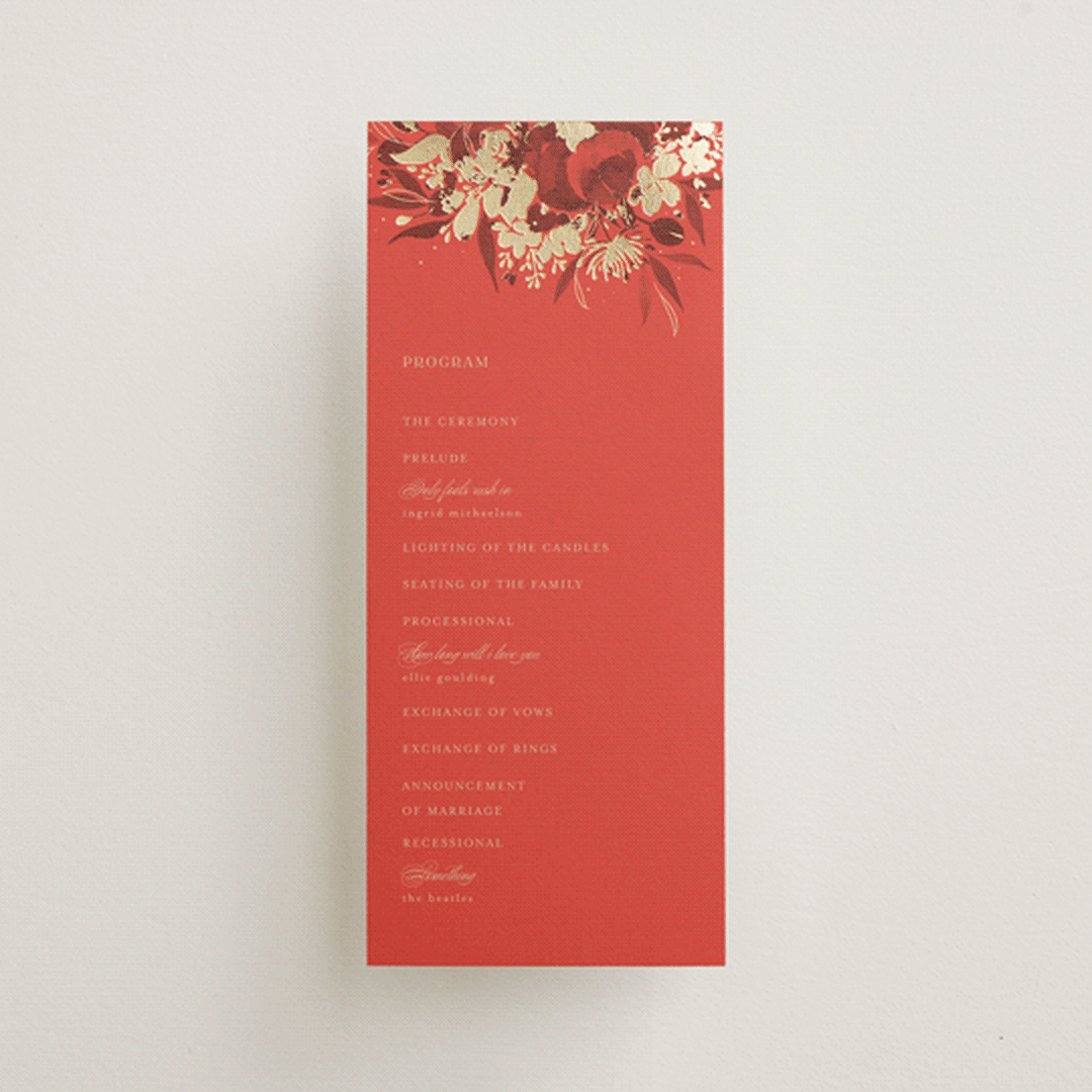 "Happiness" - Wedding Programs in Cherry by Shannon Chen of Four Wet Feet Studio - Front