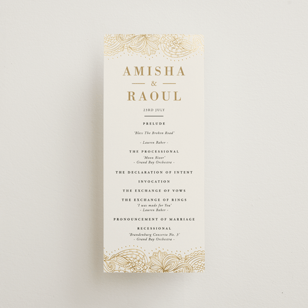 "Elegant Henna" - Wedding Programs in Champagne by Oma N. Ramkhelawan - Front