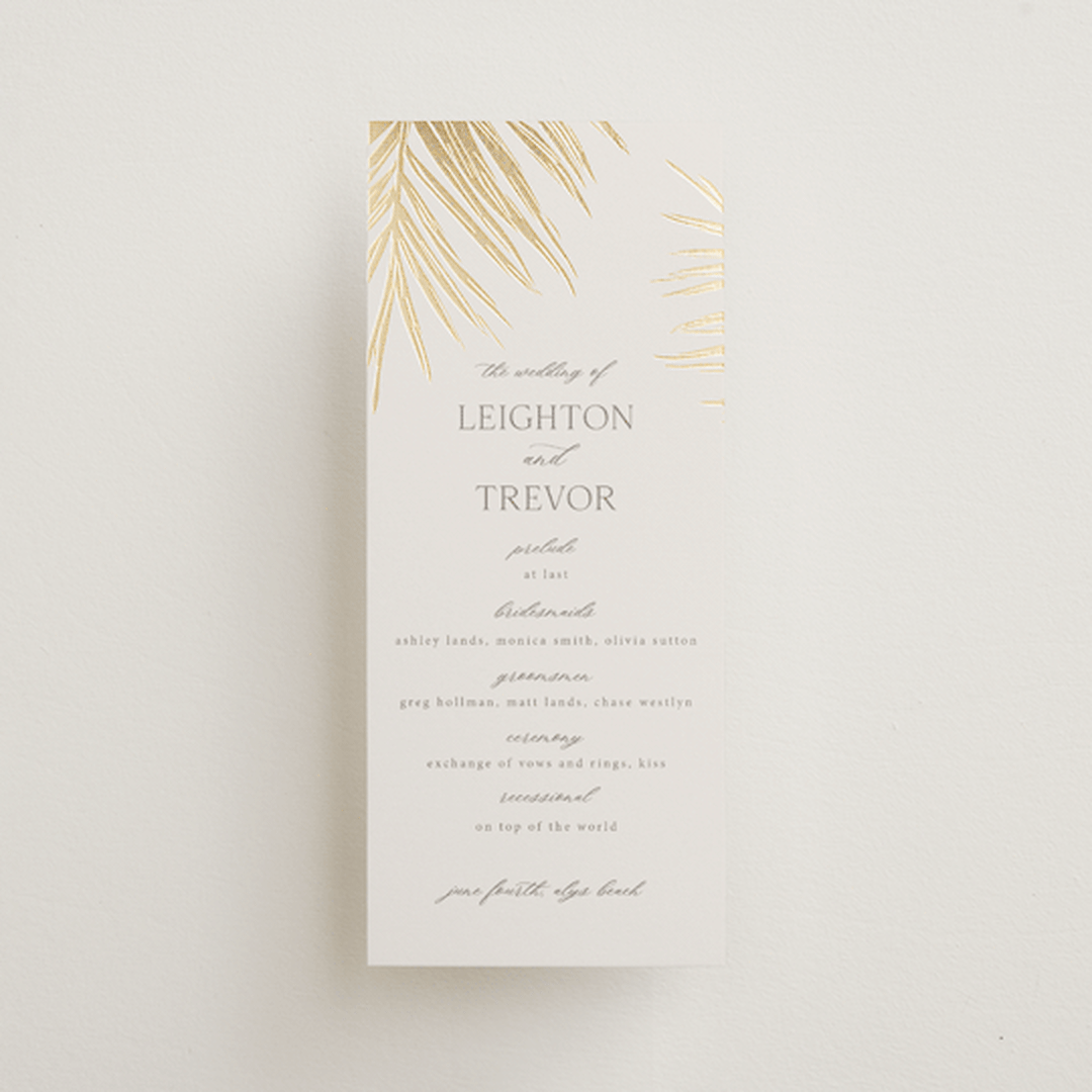 "Gilded Palm" - Wedding Programs in Sand by Melinda Denison - Front