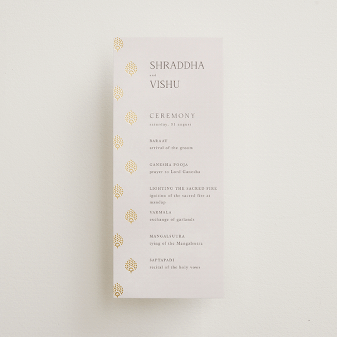 "Shraddha" - Wedding Programs in Celestial by Deynaaz Daraei - Front