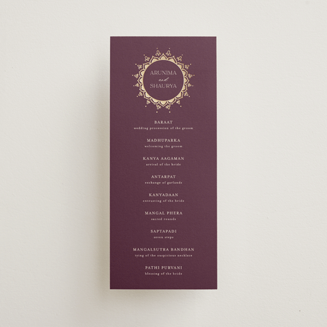 "Arunima" - Wedding Programs in Plum by Randi Cirelli - Front