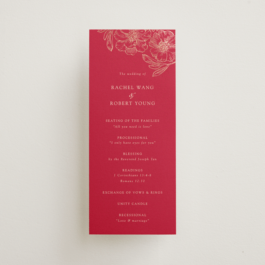"Double Peony" - Wedding Programs in Ruby by Janean Hinger - Front