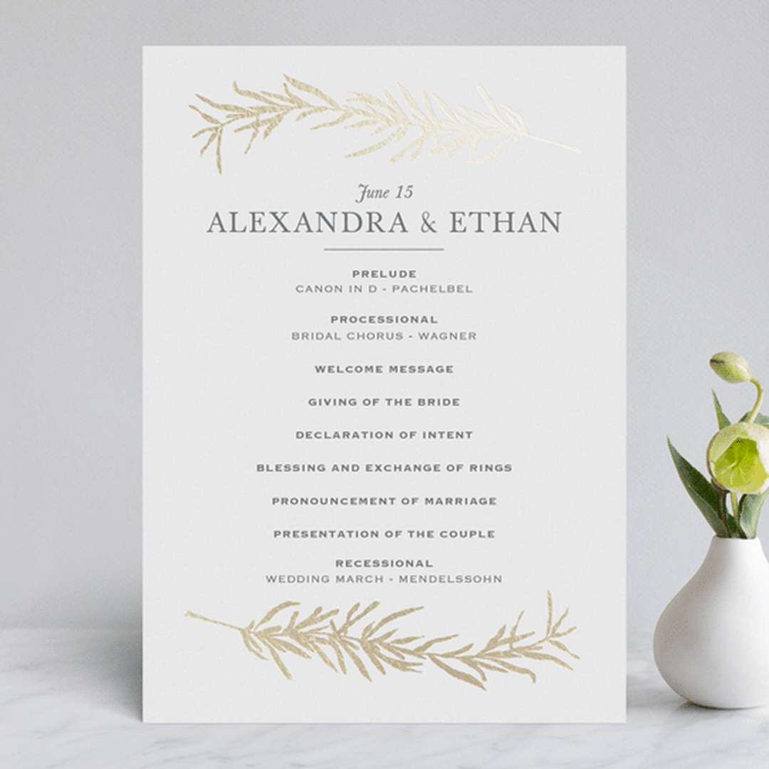 "Simple Sprigs" - Wedding Programs in Golden by Erin Deegan - Front