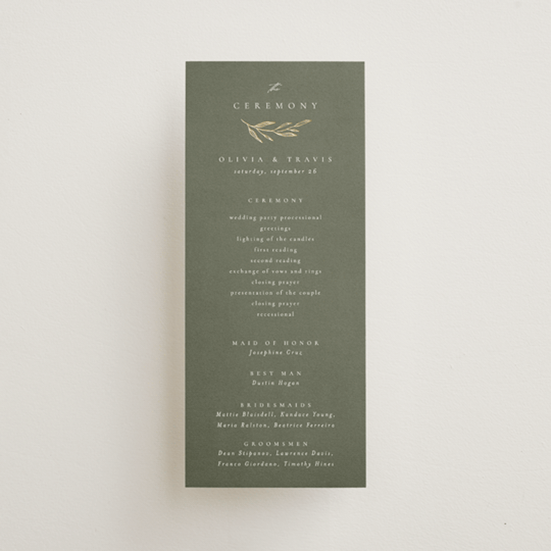 "Leaves" - Wedding Programs in Moss by Kelly Schmidt - Front