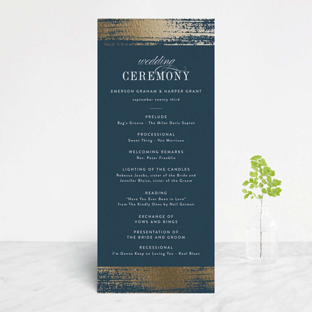 "Gold Leaf" - Wedding Programs in Indigo by Kelly Schmidt - Front