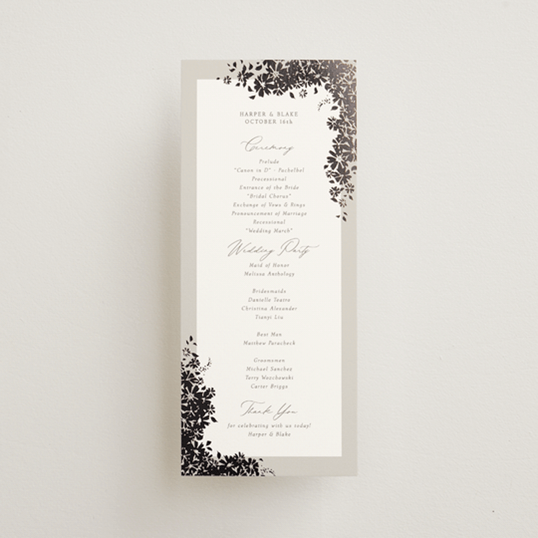 "Bouquet Toss" - Wedding Programs in Smoke by Robert and Stella - Front