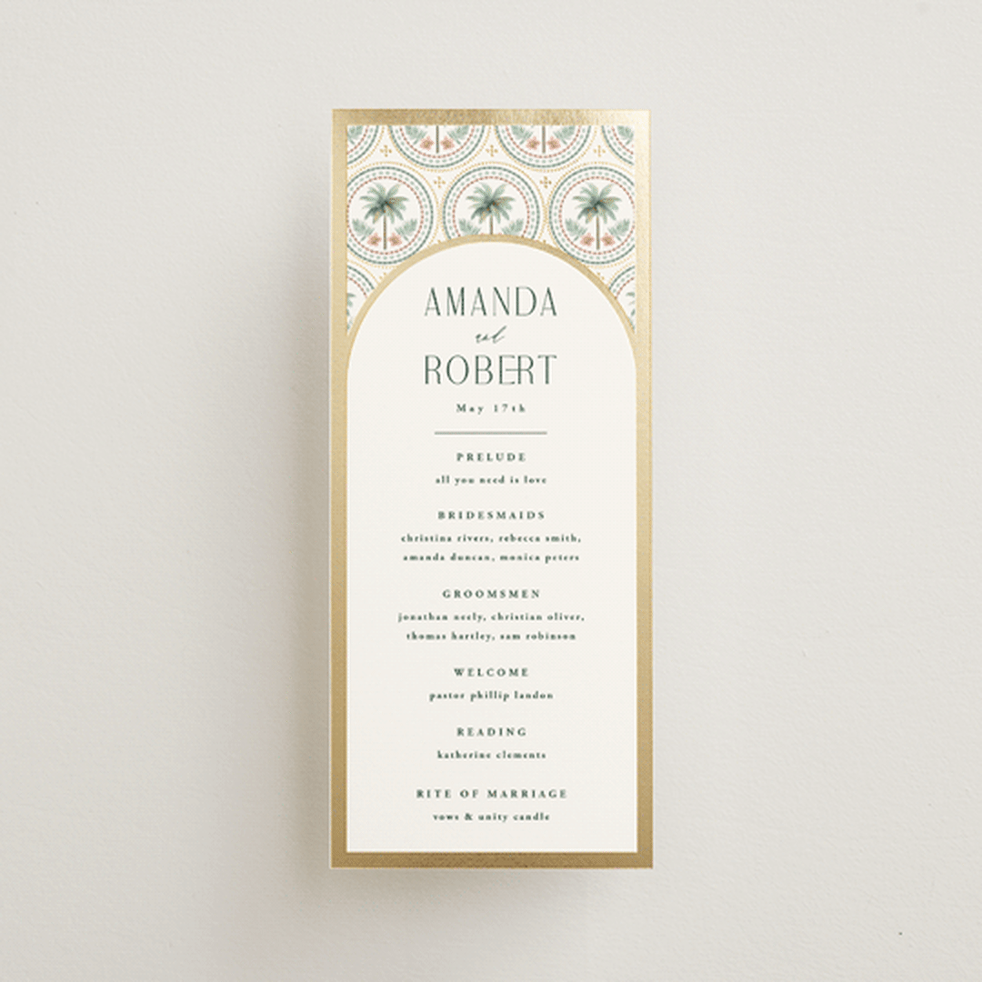 "Vintage Palms" - Wedding Programs in Sand by Maria Alou - Front