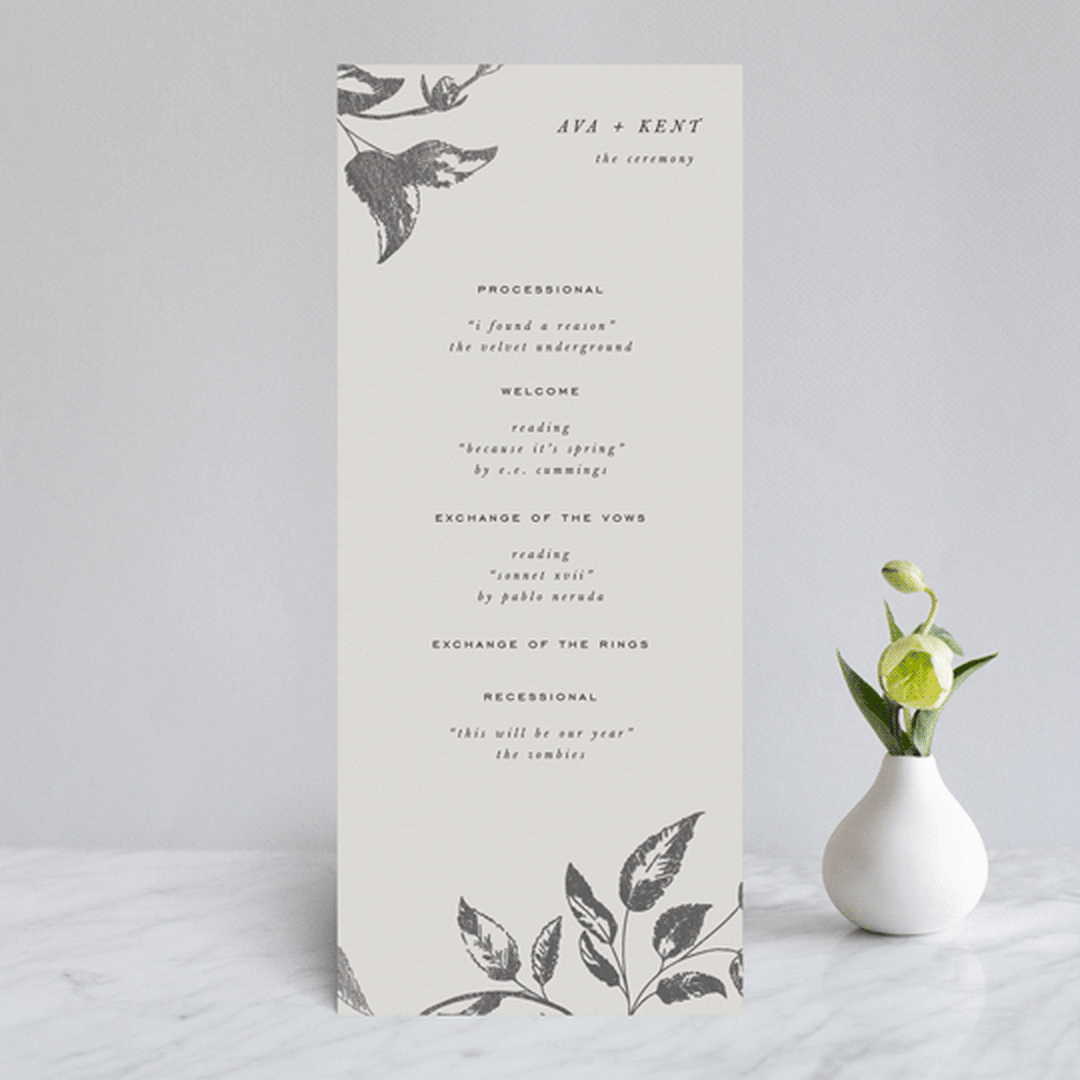 "Halcyon" - Wedding Programs in Tuxedo by Leah Bisch - Front