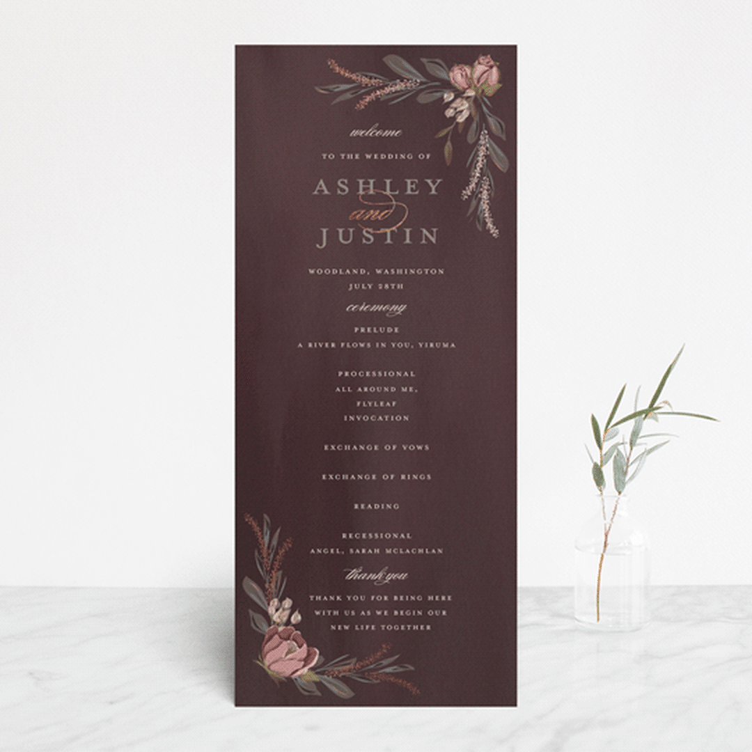 "Verdigris" - Wedding Programs in Rose by Susan Moyal - Front